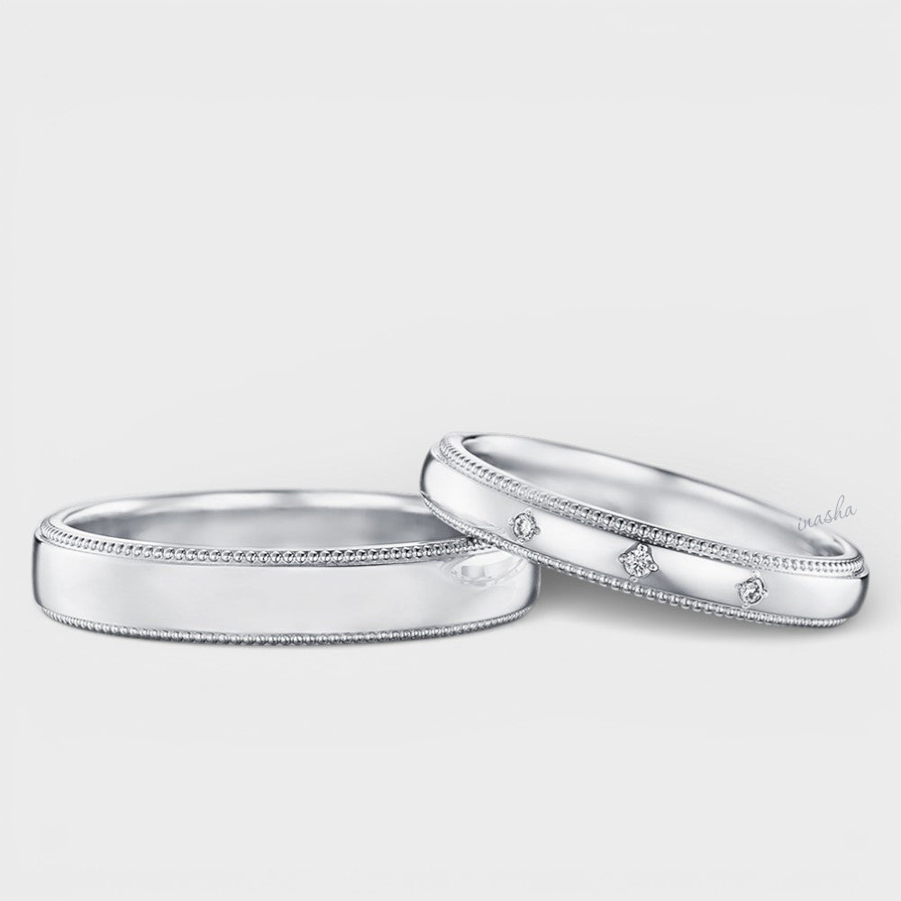 Certified GLI white gold and platinum lab grown diamond couple ring set with women’s diamond band and men’s plain band